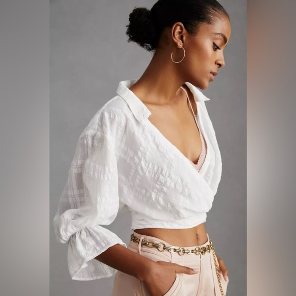 Anthropologie White Banded Surplice V-Neck Ruffled Blouse